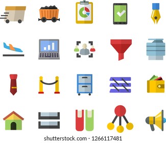 Color flat icon set mining flat vector, hierarchy, funnel, graphic report, purse, express delivery, recruitment, ink pen, tie, paper tray, copy machine, archive, book, computer, VIP area fector