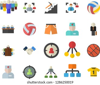Color flat icon set mining flat vector, hierarchy, target audience, team, physician, recruitment, meeting, agreement, businessman, basketball, volleyball, athletic shorts, sport T shirt