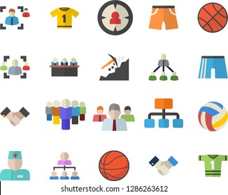 Color flat icon set mining flat vector, hierarchy, target audience, team, physician, recruitment, meeting, agreement, basketball, volleyball, athletic shorts, sport T shirt
