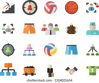 Color flat icon set mining flat vector, hierarchy, target audience, team, physician, recruitment, meeting, agreement, businessman, basketball, volleyball, athletic shorts, sport T shirt