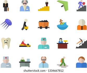 Color flat icon set mining flat vector, person, physician, massage, caries, office worker, businessman, career ladder, scientist, hike fector, hang glider, surfing, reception desk, jellyfish, user