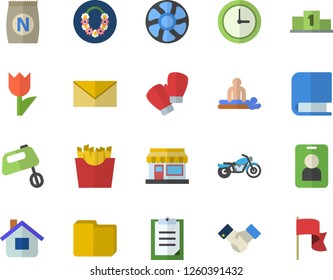 Color flat icon set mixer flat vector, French fries, fertilizer vectory, grain warehouse, tulip, house, ventilation, massage, clipboard, computer file, agreement, book, pedestal, boxing gloves, pass