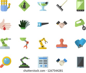 Color flat icon set mixer flat vector, saw, rake, gloves, robotics, injury, agreement, contract, robot hand, industrial, boxing, cocktail fector, pets allowed, stamp, magnifier, mobile