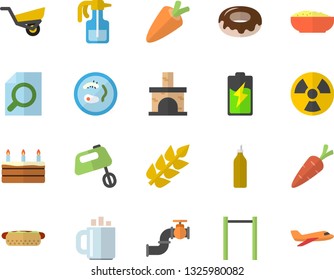 Color flat icon set mixer flat vector, carrot, hot dog, cake, donut, porridge, mustard, pulverizer, garden wheelbarrow, fireplace, battery, main pipeline, radiation, coffee, magnifier, Petri dish