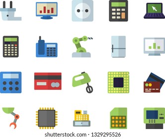 Color flat icon set mixer flat vector, fridge, socket, plug, SIM card, credit, cash machine, computer chart, calculator, telephone, laptop, robot hand, cpu, industrial, fector, dispenser