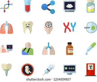 Color flat icon set molecules flat vector, vial, pipette, blood test, syringe, computer diagnostics of health, medical analysis, injury, ultrasound, embryo, chromosomes, artificial insemination, dna