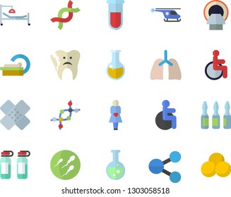 Color flat icon set molecules flat vector, blood test, disabled, hospital bed, medical analysis, patch, ampoule, helicopter, tomograph, gestation, DNA, sperm, broken tooth, lungs, flask, pills