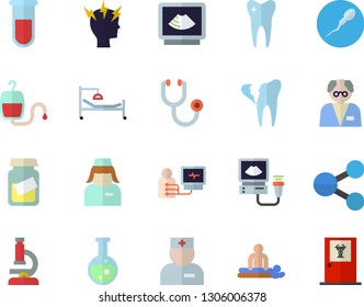 Color flat icon set molecules flat vector, blood transfusion, test, physician, stethoscope, hospital bed, medical analysis, massage, headache, diagnostics, ultrasound, nurse, sperm, tooth, broken