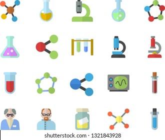 Color flat icon set molecules flat vector, blood test, microscope, medical analysis, flask, molecule, oscilloscope, scientist, beakers
