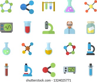 Color flat icon set molecules flat vector, blood test, microscope, medical analysis, flask, molecule, oscilloscope, scientist, beakers