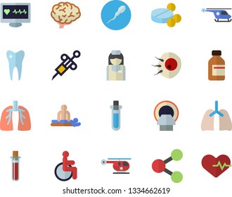 Color flat icon set molecules flat vector, pills, vial, blood test, syringe, computer diagnostics of health, disabled, massage, helicopter, tomograph, nurse, sperm, artificial insemination, tooth