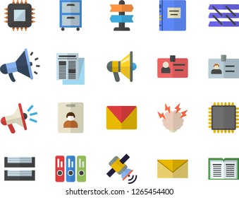Color flat icon set motherboard flat vector, news, mouthpiece, badge, folder, paper tray, archive, mail, satellit, cpu, textbook, brainstorm, indentity card fector, pointer, envelope, book
