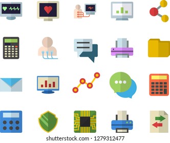 Color flat icon set motherboard flat vector, scatter chart, chat, computer diagnostics of health, file, calculator, printer, mail, security fector, share, sharing