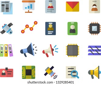 Color flat icon set motherboard flat vector, scatter chart, news, mouthpiece, badge, magnifier, folder, paper tray, mail, satellit, cpu, indentity card fector, pass