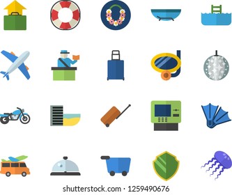 Color flat icon set motorcycle flat fector, luggage, passport control, aircraft, hotel first line, cash dispenser, hand, sea beach, hawaiian wreath, disco ball, swimming mask, flippers, pool, jingle