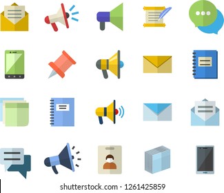 Color flat icon set mouthpiece flat vector, chat, notebook, sticker, mail, hostory roll, pushpin, indentity card fector, message, envelope, mobile