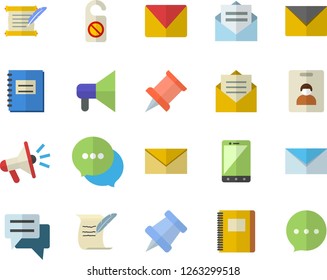 Color flat icon set mouthpiece flat vector, chat, notebook, mail, hostory roll, pushpin, indentity card fector, do not disturb, message, envelope, mobile