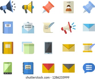 Color flat icon set mouthpiece flat vector, notebook, sticker, mail, hostory roll, pushpin, indentity card fector, message, envelope, mobile, chat