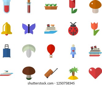 Color flat icon set mushroom flat vector, ladybird, tulip, seedlings, butterflies, blood test, gestation, balloon fector, luggage, island, cruise ship, yacht, bell, heart