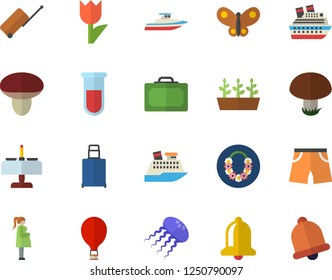 Color flat icon set mushroom flat vector, tulip, seedlings, butterflies, blood test, gestation, athletic shorts, balloon fector, luggage, suitcase, hawaiian wreath, romantic dinner, cruise ship
