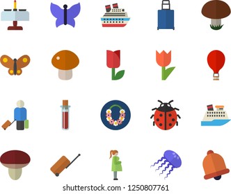 Color flat icon set mushroom flat vector, ladybird, tulip, butterflies, blood test, gestation, balloon fector, luggage, hawaiian wreath, romantic dinner, cruise ship, jellyfish, bell