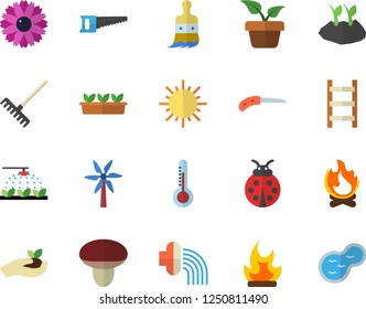 Color flat icon set mushroom flat vector, thermometer, windmill, home plant, flower, ladybird, sprinkling machine, saw, knife, paint brush, seedlings, rake, planting plants, hose irrigation, ladder