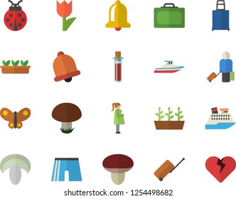 Color flat icon set mushroom flat vector, ladybird, tulip, seedlings, butterflies, blood test, gestation, athletic shorts, luggage fector, suitcase, cruise ship, yacht, bell, heart