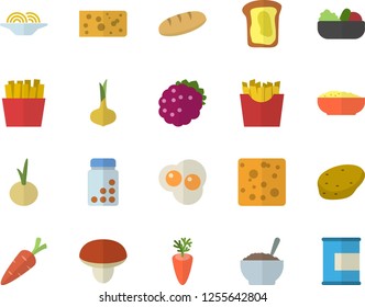 Color flat icon set mushroom flat vector, potato, onion, cheese, bread, spaghetti, salad, porridge, carrot, French fries, scrambled eggs, blackberry, sandwich, vitamins, proteins