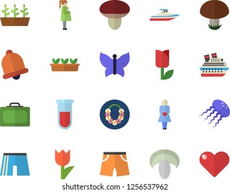 Color flat icon set mushroom flat vector, tulip, seedlings, butterflies, blood test, gestation, athletic shorts, suitcase fector, hawaiian wreath, cruise ship, yacht, jellyfish, bell, heart