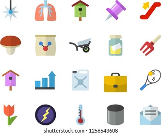 Color flat icon set mushroom flat vector, thermometer, nesting box, pitchfork, garden wheelbarrow, tulip, fertilizer vectory, canister, laser, pipe production, case, medical analysis, lungs, tennis