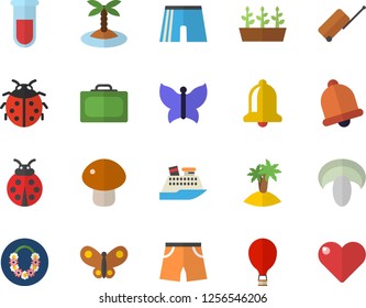 Color flat icon set mushroom flat vector, ladybird, seedlings, butterflies, blood test, athletic shorts, balloon fector, luggage, suitcase, island, hawaiian wreath, cruise ship, bell, heart
