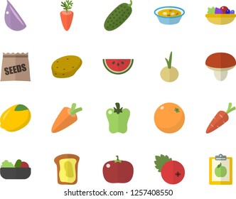 Color flat icon set mushroom flat vector, potato, lemon, carrot, watermelon, salad, soup, garlic, onion, bell pepper, tomato, cucumber, cranberry, sandwich, orange, seeds, diet