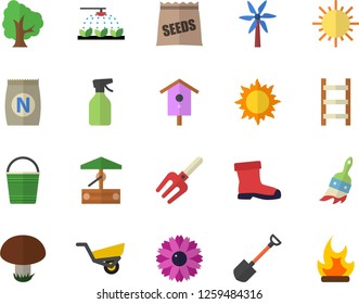 Color flat icon set mushroom flat vector, seeds, windmill, fertilizer vectory, well, nesting box, tree, flower, pulverizer, sprinkling machine, pitchfork, shovel, paint brush, bucketful, ladder, sun