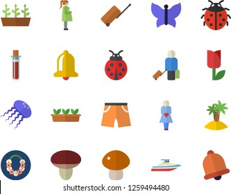 Color flat icon set mushroom flat vector, ladybird, tulip, seedlings, butterflies, blood test, gestation, athletic shorts, luggage fector, island, hawaiian wreath, yacht, jellyfish, bell