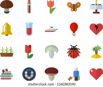 Color flat icon set mushroom flat vector, ladybird, tulip, seedlings, butterflies, blood test, balloon fector, luggage, island, hawaiian wreath, romantic dinner, cruise ship, yacht, bell, heart