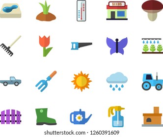 Color flat icon set mushroom flat vector, thermometer, pickup truck, pulverizer, grain warehouse, tractor, sprinkling machine, pitchfork, fence, saw, rake, watering can, planting plants, gumboots