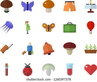 Color flat icon set mushroom flat vector, ladybird, seedlings, butterflies, blood test, gestation, athletic shorts, balloon fector, luggage, suitcase, romantic dinner, jellyfish, bell, heart