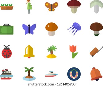 Color flat icon set mushroom flat vector, ladybird, tulip, seedlings, butterflies, gestation, luggage fector, suitcase, island, hawaiian wreath, cruise ship, yacht, jellyfish, bell