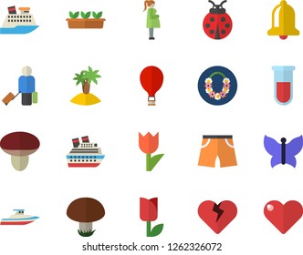 Color flat icon set mushroom flat vector, ladybird, tulip, seedlings, butterflies, blood test, gestation, athletic shorts, balloon fector, luggage, island, hawaiian wreath, cruise ship, yacht, bell