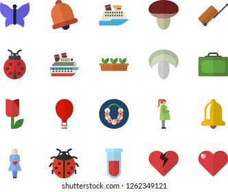 Color flat icon set mushroom flat vector, ladybird, tulip, seedlings, butterflies, blood test, gestation, balloon fector, luggage, suitcase, hawaiian wreath, cruise ship, bell, heart