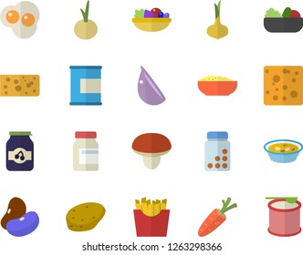 Color flat icon set mushroom flat vector, potato, legumes, onion, cheese, salad, soup, porridge, garlic, French fries, scrambled eggs, jam, carrot, vitamins, proteins, steroids