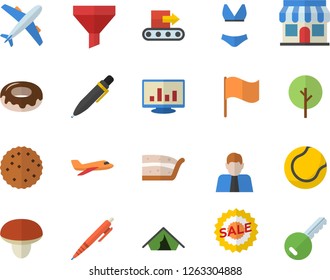 Color flat icon set mushroom flat vector, piece of cake, donut, biscuit, tree, conveyor, store front, funnel, person, flag, sell out, computer chart, pen, tennis ball, swimsuit, aircraft fector, key