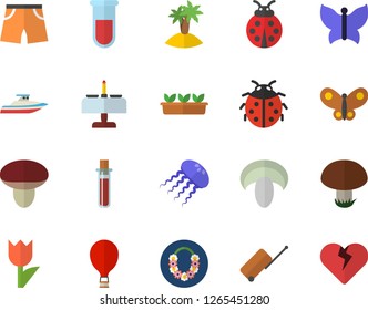 Color flat icon set mushroom flat vector, ladybird, tulip, seedlings, butterflies, blood test, athletic shorts, balloon fector, luggage, island, hawaiian wreath, romantic dinner, yacht, jellyfish