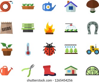 Color flat icon set mushroom flat vector, seeds, thermometer, home plant, ladybird, horseshoe, tractor, sprinkling machine, hose, watering can, gumboots, house, seedlings, bonfire, bench, greenhouse