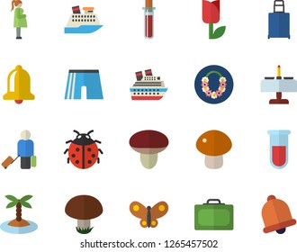 Color flat icon set mushroom flat vector, ladybird, tulip, butterflies, blood test, gestation, athletic shorts, luggage fector, suitcase, island, hawaiian wreath, romantic dinner, cruise ship, bell