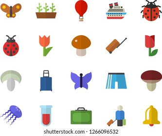 Color flat icon set mushroom flat vector, ladybird, tulip, seedlings, butterflies, blood test, athletic shorts, balloon fector, luggage, suitcase, cruise ship, jellyfish, bell