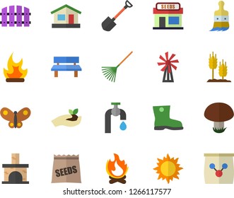 Color flat icon set mushroom flat vector, seeds, windmill, ear, grain warehouse, shovel, fence, paint brush, seedlings, rake, gumboots, house, water tap, sun, butterflies, bonfire, bench, fireplace