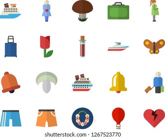Color flat icon set mushroom flat vector, tulip, butterflies, blood test, gestation, athletic shorts, balloon fector, luggage, suitcase, hawaiian wreath, cruise ship, yacht, bell, heart
