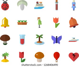 Color flat icon set mushroom flat vector, ladybird, tulip, seedlings, butterflies, blood test, gestation, balloon fector, island, cruise ship, yacht, bell, heart