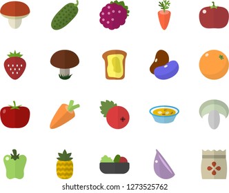 Color flat icon set mushroom flat vector, tomato, legumes, carrot, salad, soup, garlic, bell pepper, cucumber, cranberry, Strawberry, blackberry, pineapple, sandwich, orange, seeds